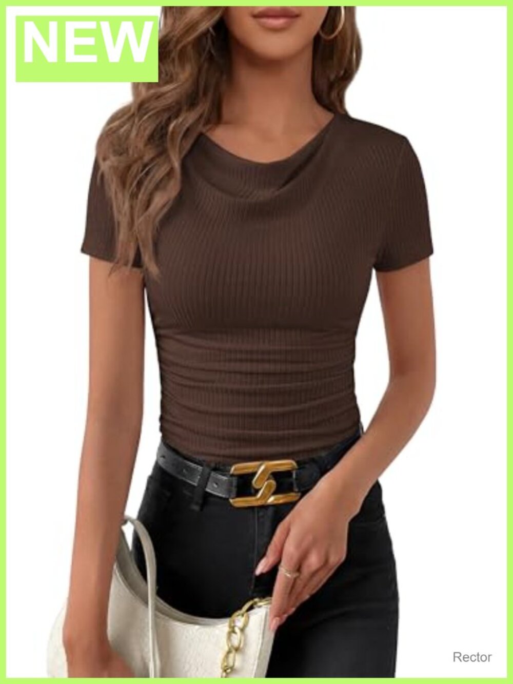 Cowl Neck Ruched Fitted Short Sleeve Knit T-Shirt Crop Top